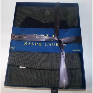 NIB MENS POLO RALPH LAUREN ACRYLIC 2 PC. CAP & SCARF SET~GRAY & NAVY~OS